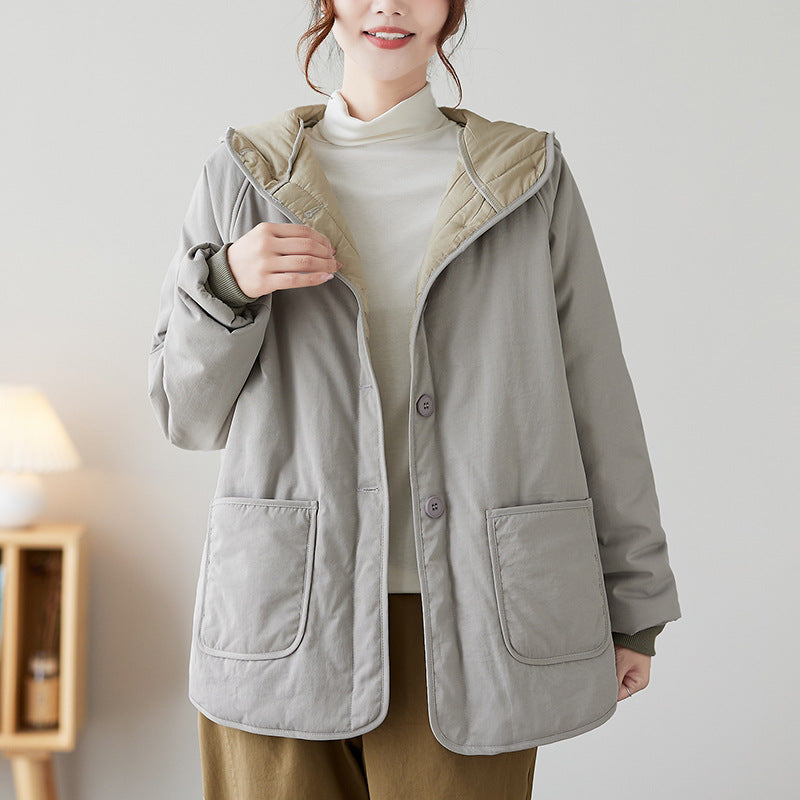 The real shot is in the winter of 2025, the new literary and loose solid color padded cotton hooded long-sleeved jacket cotton-padded women's 2290 #