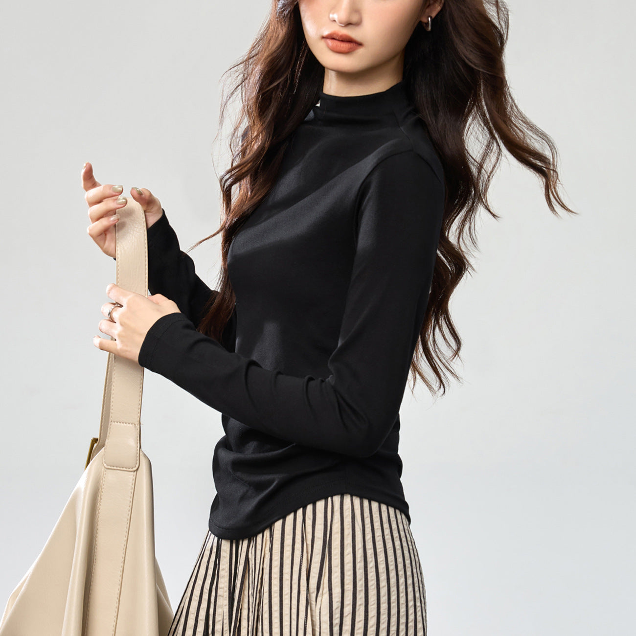 40 combed cotton, protein skin-friendly semi-turtleneck bottoming shirt, women's autumn long-sleeved T-shirt, thin waist pleated top