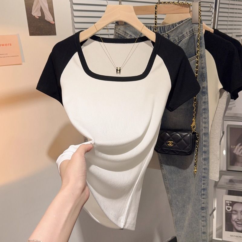 White square-neck T-shirt women's short-sleeved 2025 summer new sweet age-reducing high-end slim-fitting low-neck top