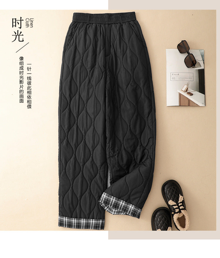 American retro plaid wide-leg pants women's 2025 winter new splicing thickened casual loose straight cotton pants outer wear