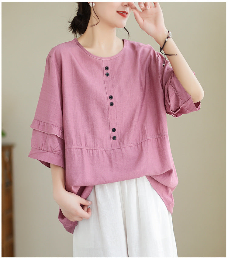 In the summer of 2024, the new cotton and linen loose large size simple casual solid color short-sleeved top T-shirt women's #8538