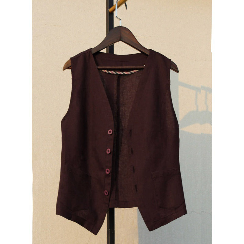 In the summer of 2025, the new literary and loose solid color cotton and linen V-neck vest, vest, women's jacket, vest top #6182