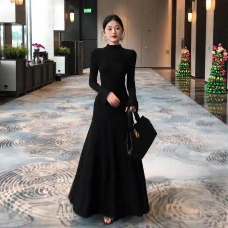 French high-end black long-sleeved dress 2025 autumn and winter new slim-fitting and thin semi-turtleneck bottomed knitted skirt