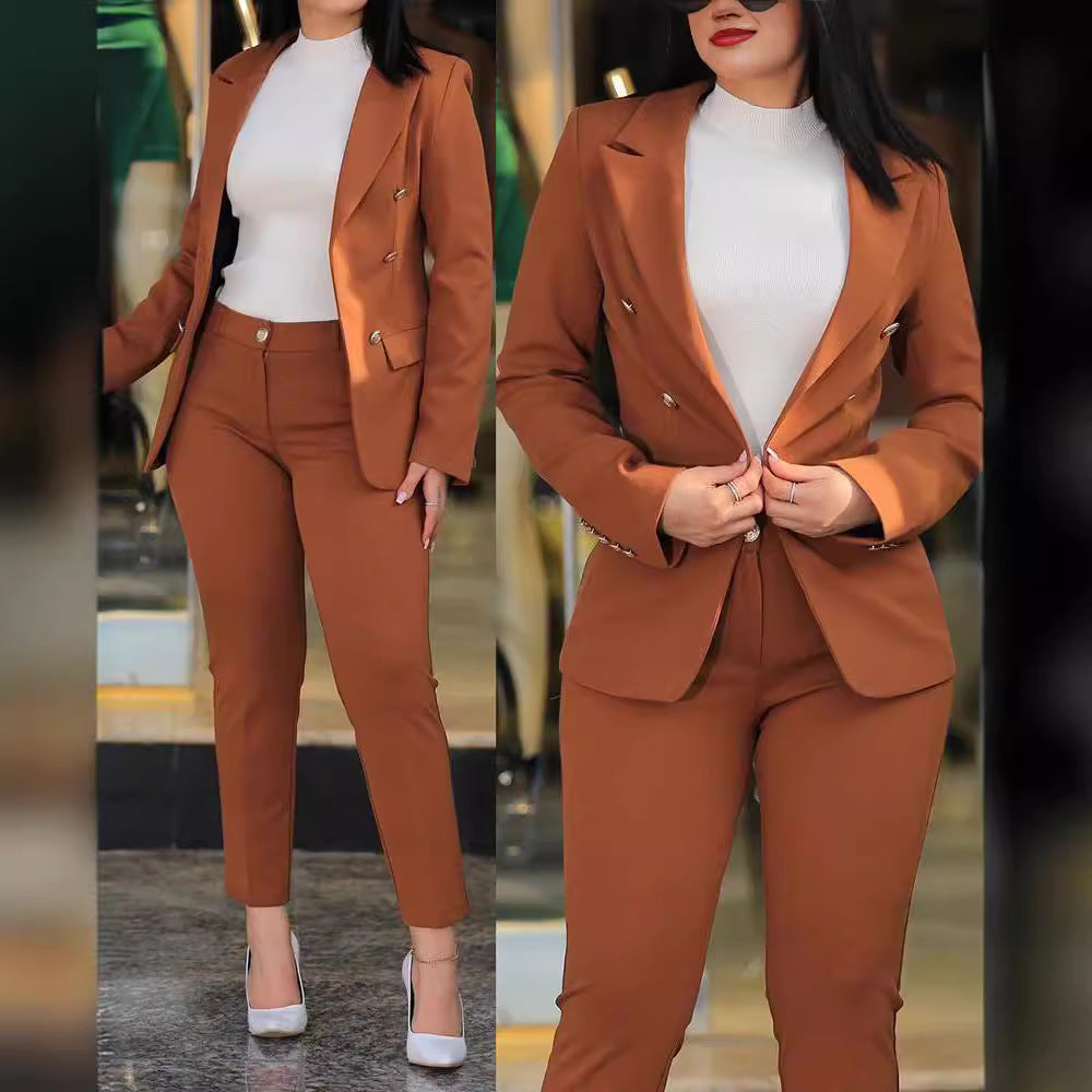 2025 Amazon wish casual fashion solid color slim double breasted professional wear two-piece women's suit suit
