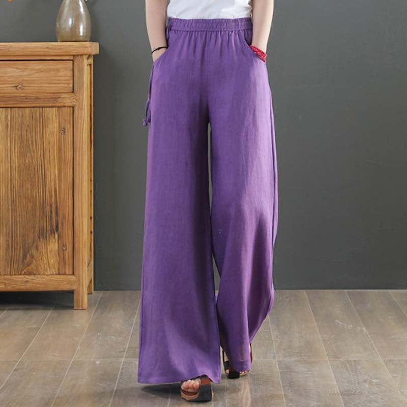 2025 summer new literary loose solid color cotton and linen elastic waist wide-leg pants trousers women's casual pants #9793 #
