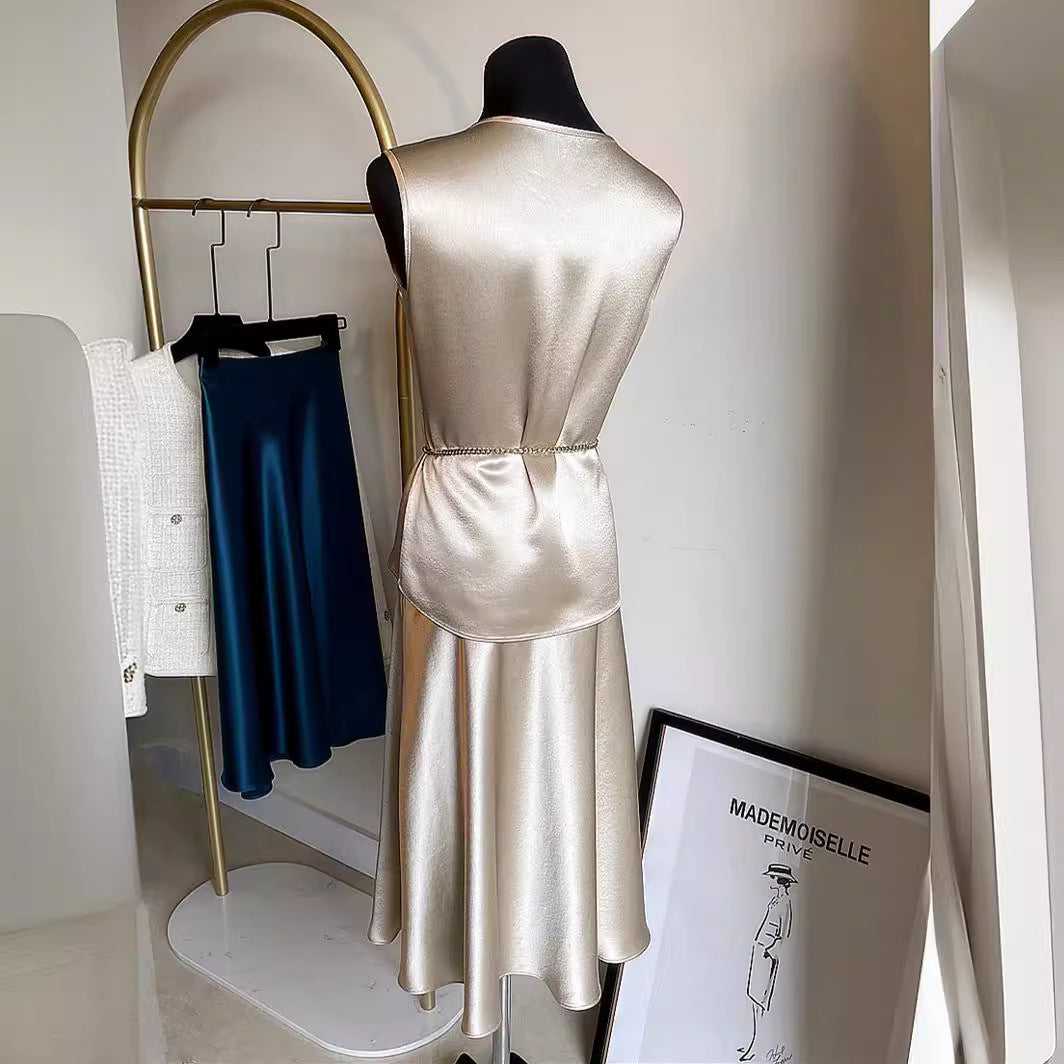 Haute couture Japan imported acetic acid satin sling vest + A font high waist skirt two-piece set Royal sister fried street