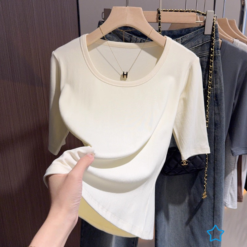 Gray knitted five-quarter-sleeved bottoming shirt T-shirt women's spring versatile half-sleeved U-neck medium-sleeved crew-neck top shirt