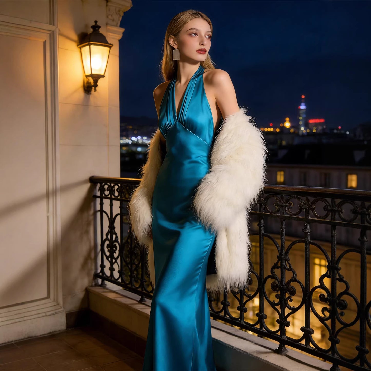 Haute couture star with the same French daughter sense design deep V-neck holiday wedding party banquet dress dress