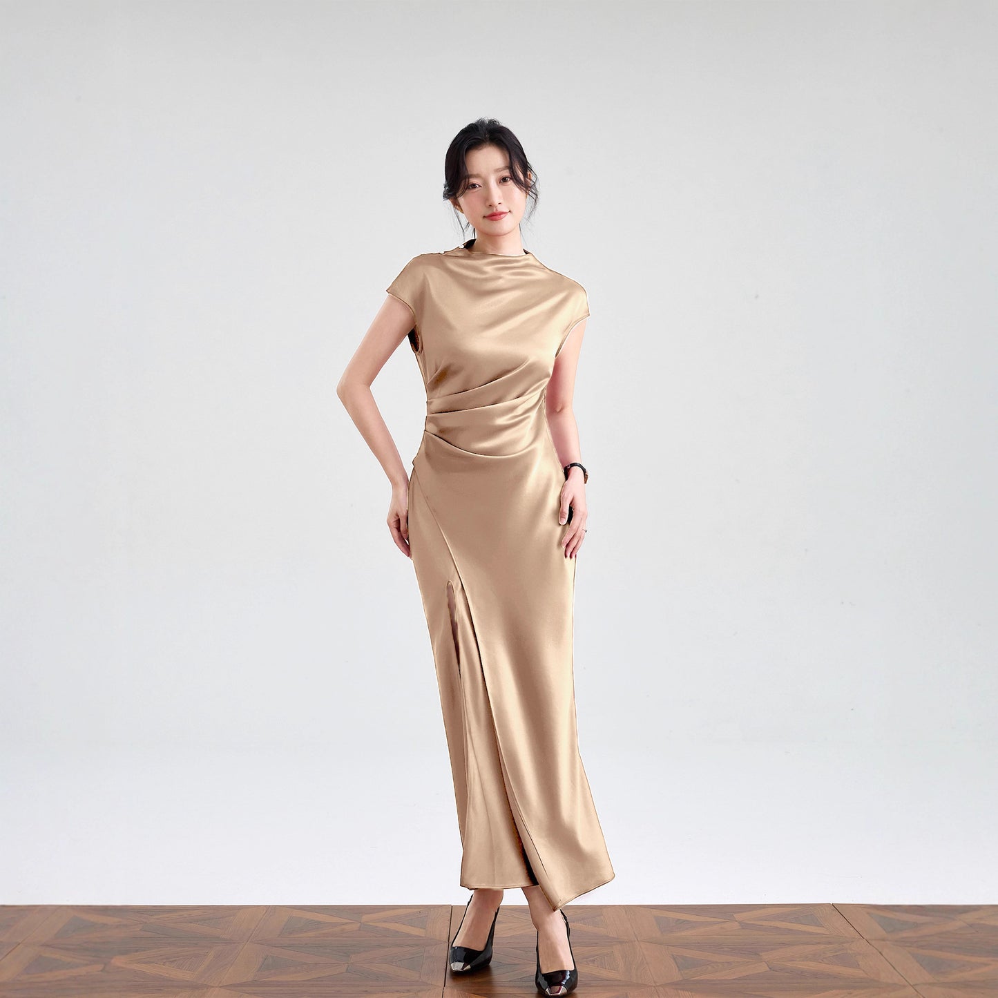Haute couture imported acetic acid, pure desire style semi-turtleneck satin dress temperament thin split fork fish tail long dress French