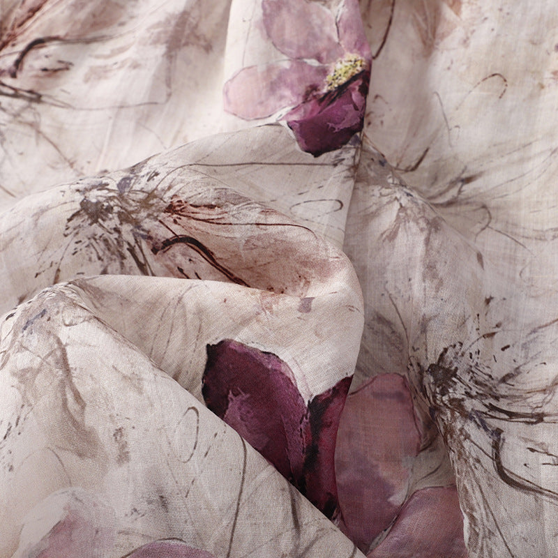 Real shot 2025 summer new literary loose printing round neck five-quarter sleeve dress women's waist medium and long 9020