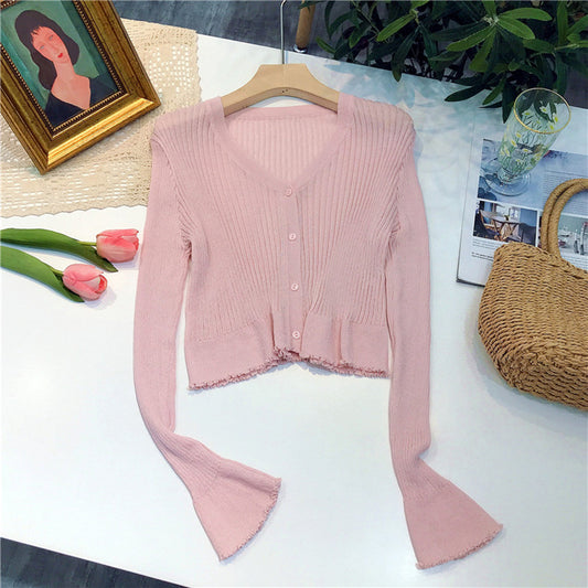 [Ruth Wear] Temperament Gentle Pink Early Autumn Knitted Cardigan Women's Sunscreen Air Conditioning Shirt Short Outer Top
