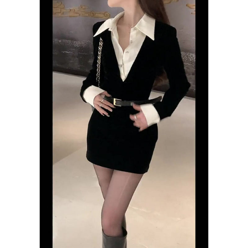 Fake two-piece temperament shirt dress women's spring skirt black Hepburn style French waist temperament hip skirt