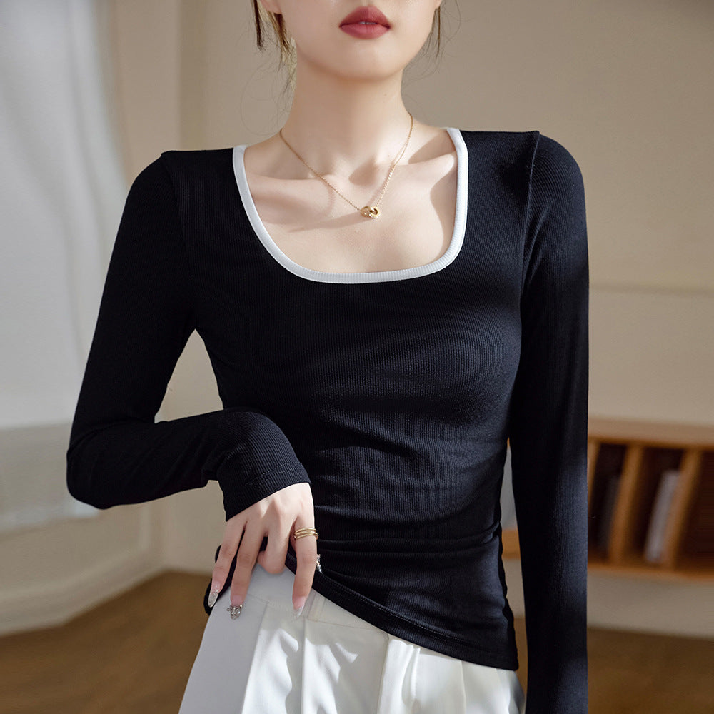 Selection of high elastic thin threaded square neck T-shirt women's long sleeves 2026 autumn and winter new outer wear contrasting color inner bottom top