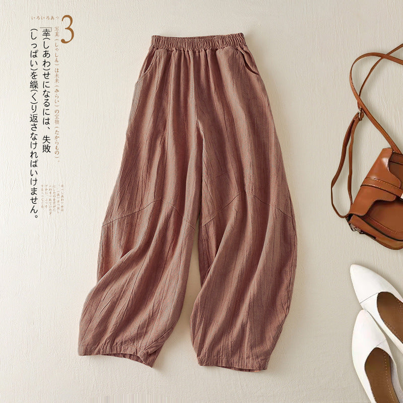 Real shot 2024 summer thin cotton and linen retro bloomers casual loose zen straight radish trousers women