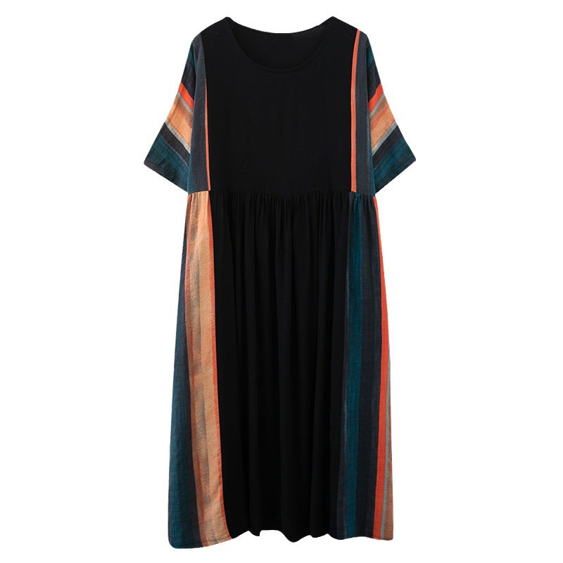 Real shot 2024 summer new literary large size loose striped cotton and linen short-sleeved dress women's long dress 6181 #