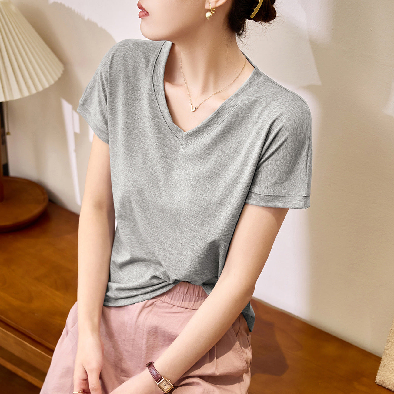 #Tencel lyocell cotton, Zhen quality #loose and thin white short-sleeved t-shirt women's summer new V-neck versatile top