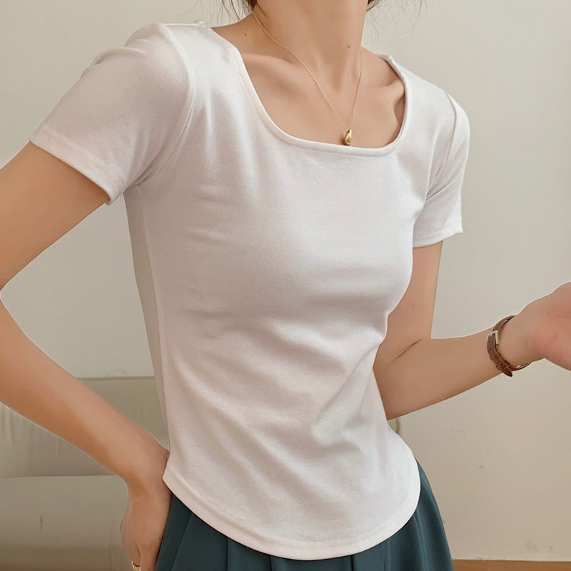260G selection pure cotton T-shirt women's summer short sleeve 2026 new irregular curved slim and thin U-neck bottoming top