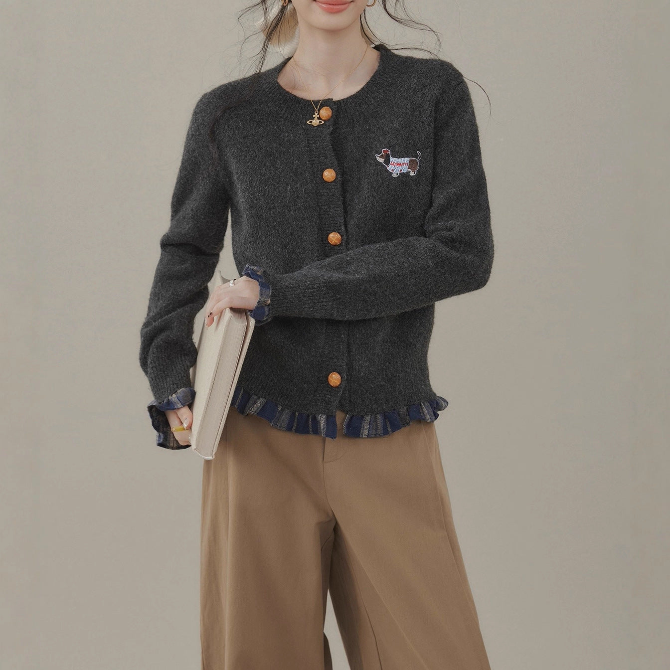 Slightly fat "Puppy Diary" gray splicing fat mm knitted sweater women's new lazy cardigan sweater women's top