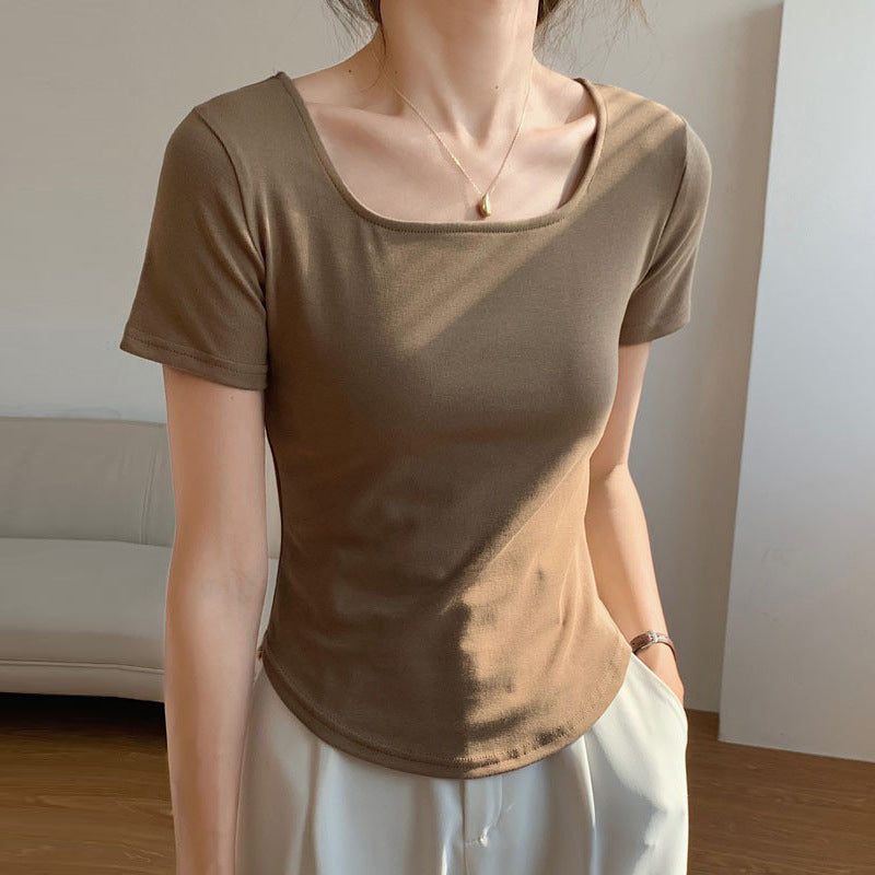260G selection pure cotton T-shirt women's summer short sleeve 2026 new irregular curved slim and thin U-neck bottoming top