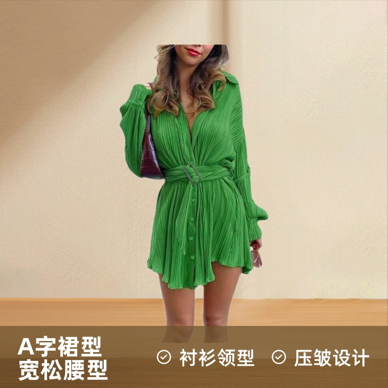 Cross-border Amazon 2025 Women's New Shirt Collar Fashion Women's Elastic Waist Pleated Long Sleeve Lace-Up Dress