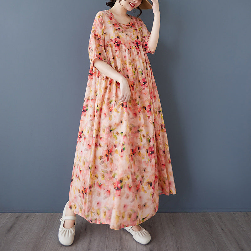 Summer 2025 New Simple Bohemian Fattened Large Short Sleeve Crew Neck Printed Medium and Long Dress Women