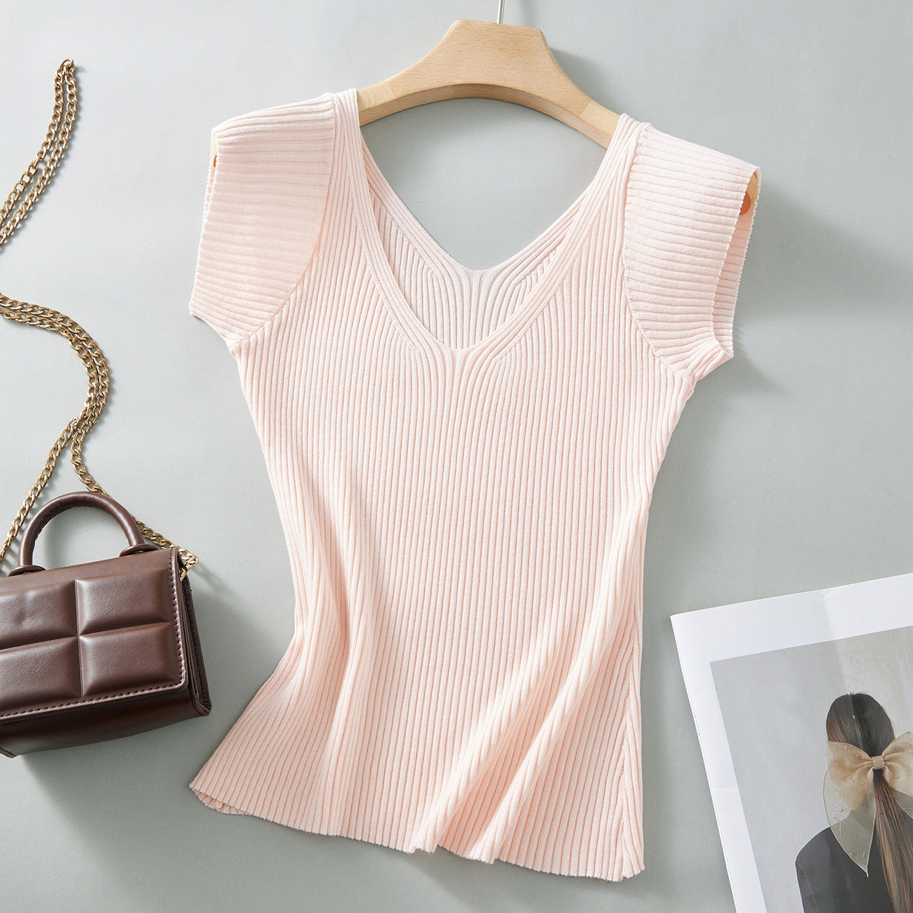 #Two wear V-neck #show chest big waist thin small spice girl flying sleeve ice silk short sleeve women's summer pit strip knitted T-shirt pure desire top