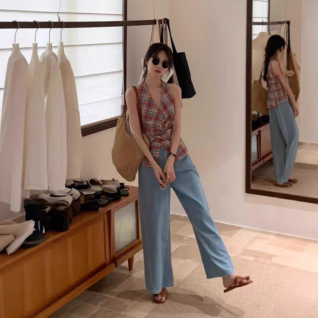Korean plaid kink sleeveless halterneck vest women's 2025 summer new versatile V-neck waist top
