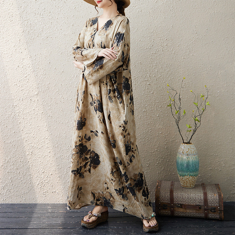 Real shot 2025 autumn new French long-sleeved sunscreen v-neck thin cotton and linen printing loose and thin dress women