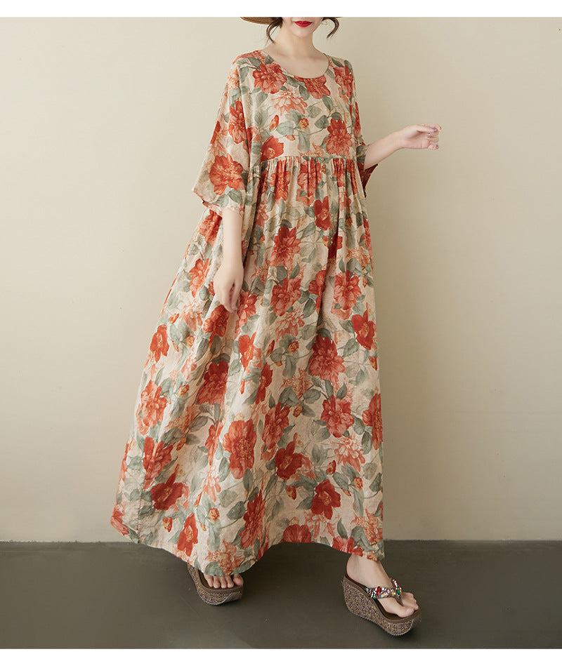 2025 summer new cotton and linen large size literary and retro round neck short sleeve loose foreign trade dress women's clothing