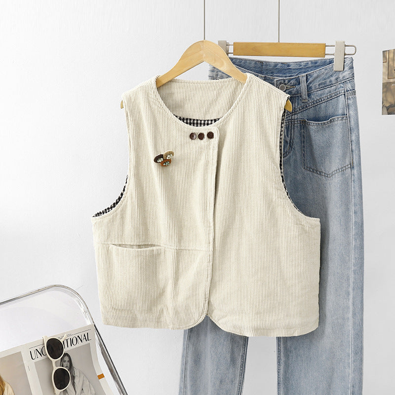 Real shot 2025 autumn new large size corduroy Mori retro vest niche sleeveless cotton vest jacket women