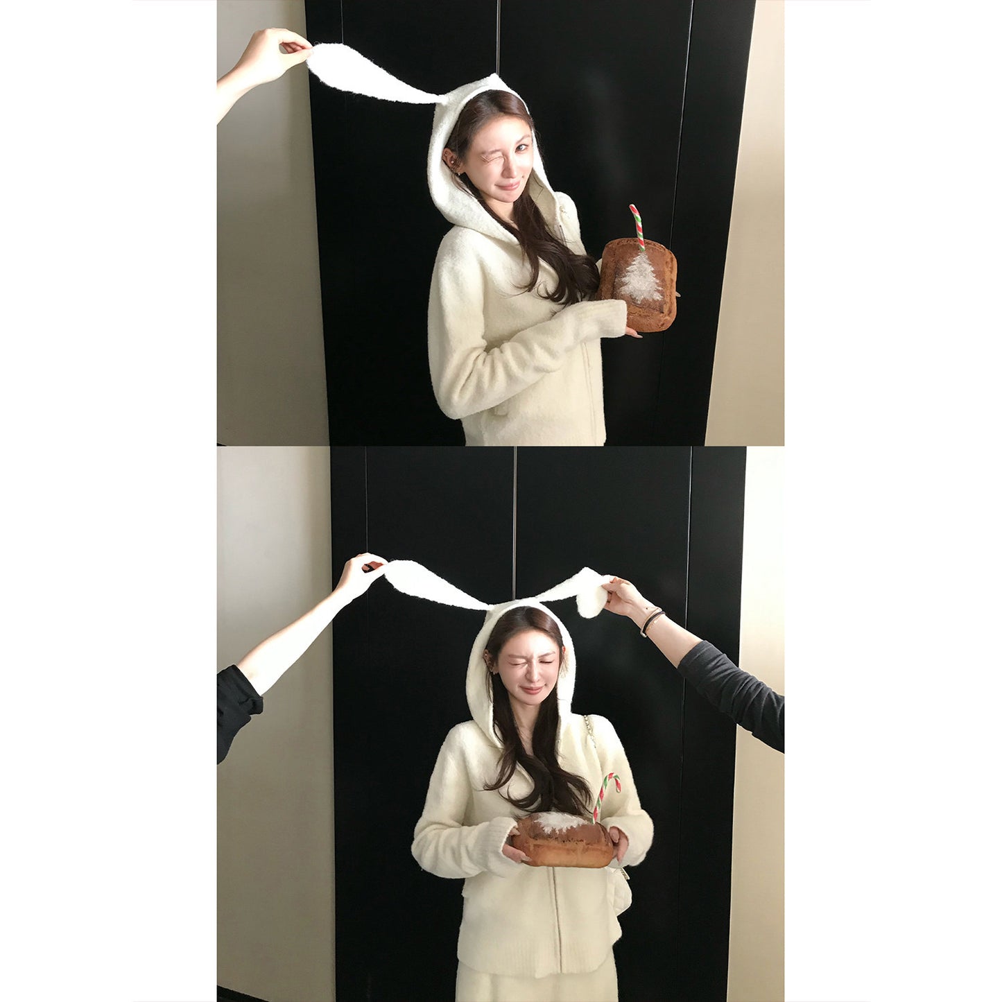 Ruth's same'sea salt neifang 'heavy wool loop yarn rabbit ears hooded sweater jacket/knitted skirt