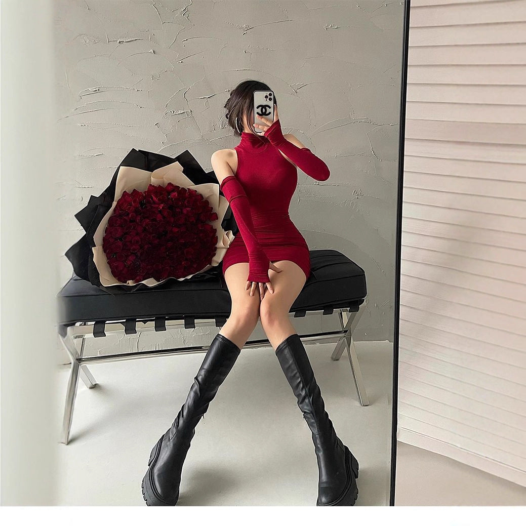 Spring sexy turtleneck 2026 new dress Spice girl sweet and tight pure desire wind neck hip skirt children