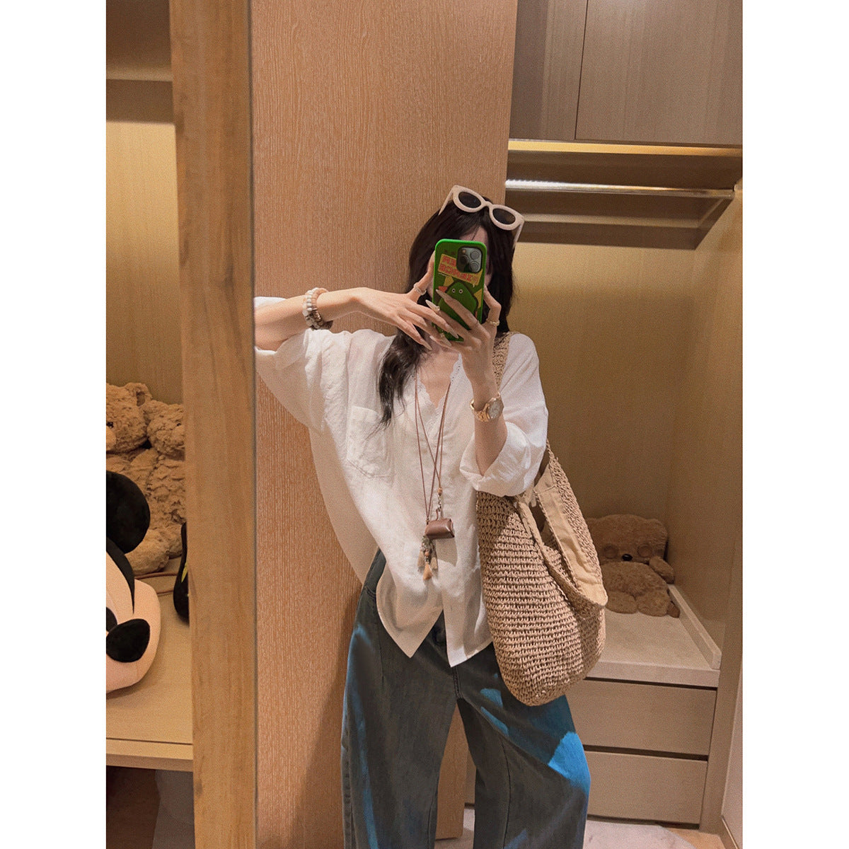 Yukiss old money wind tencel linen white lace splicing shirt women's summer Korean loose thin sunscreen shirt