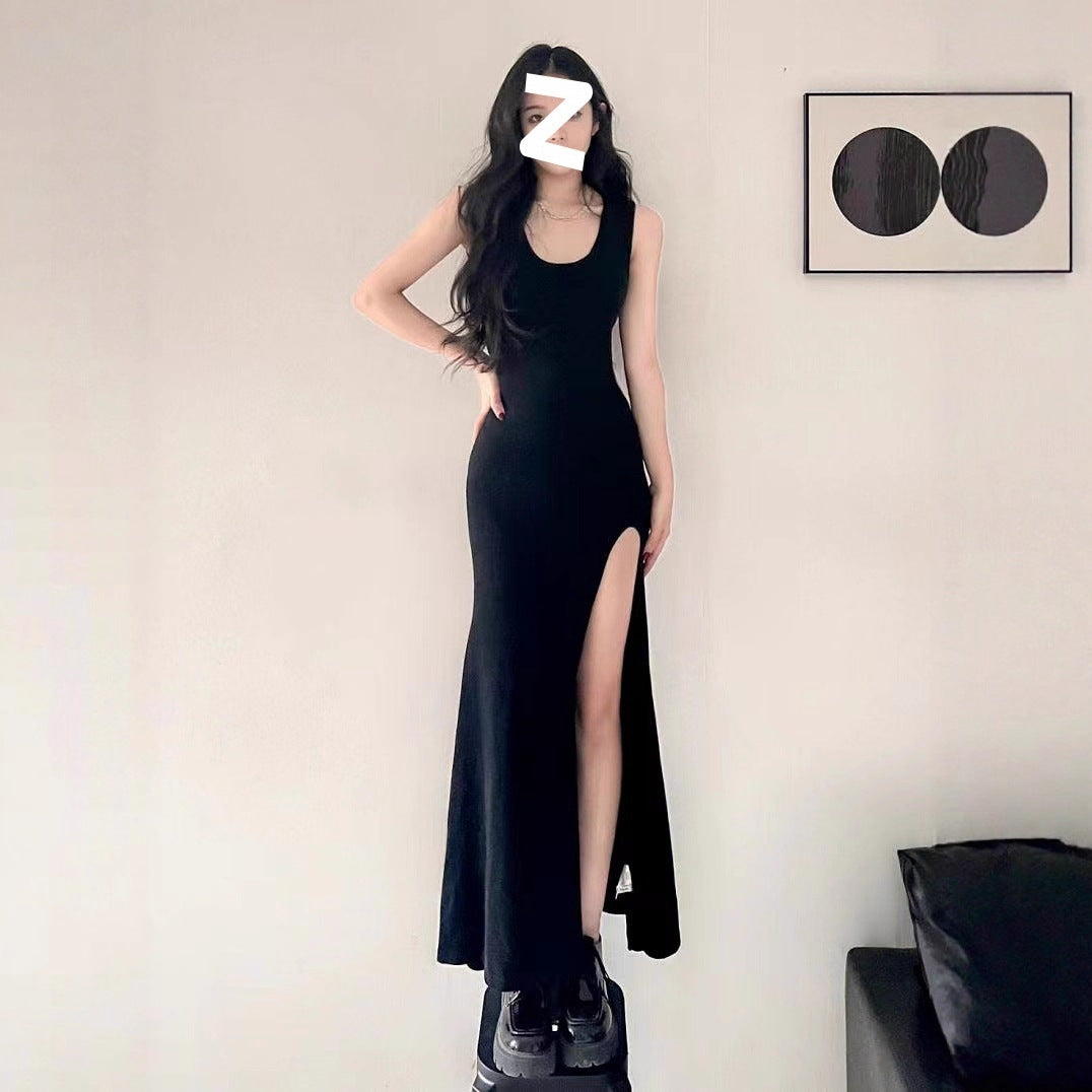 Black royal sister style sexy suspender dress women's new summer design slim slit hip length skirt