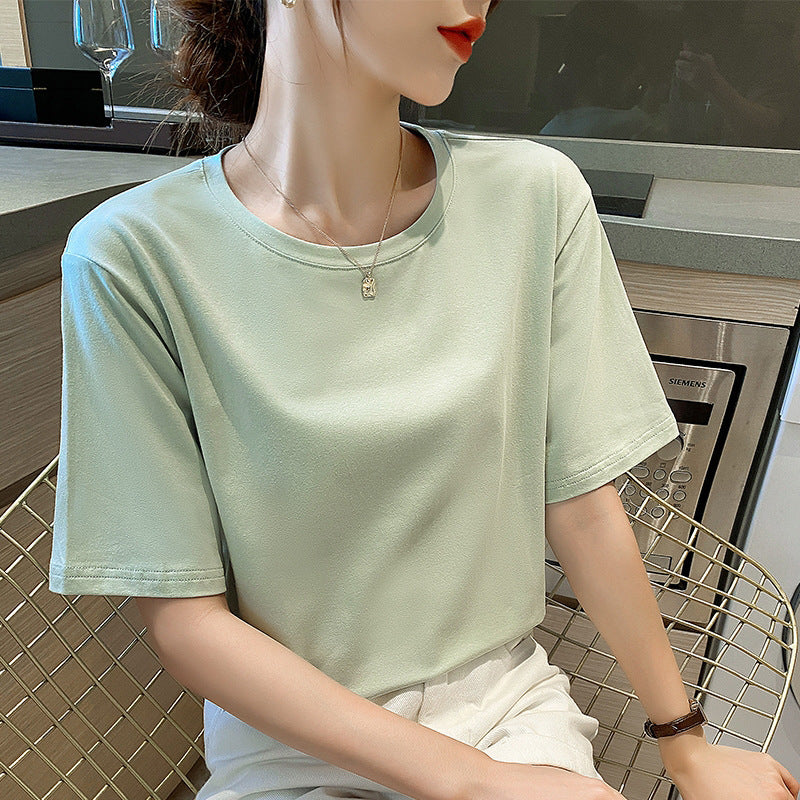 Half-sleeved pure cotton loose short-sleeved t-shirt women's light green age-reducing versatile round neck summer solid color top casual commuting