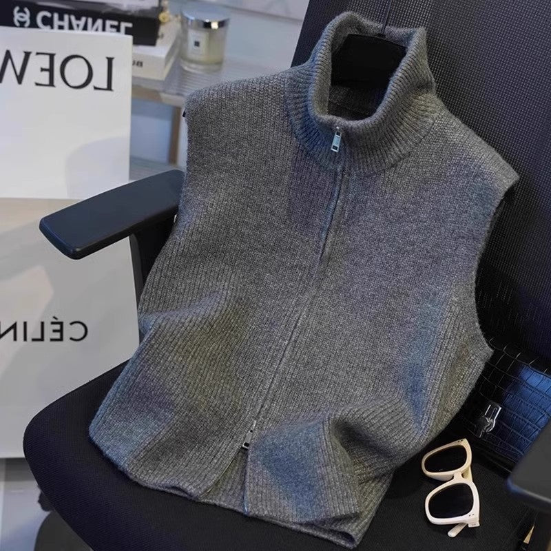 European high-end sense niche double zipper knitted vest autumn new simple casual stacking vest
