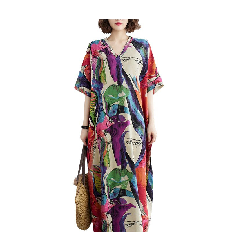 Real shot 2025 summer new literary large size loose printing cotton and linen V-neck short-sleeved dress women's beach dress