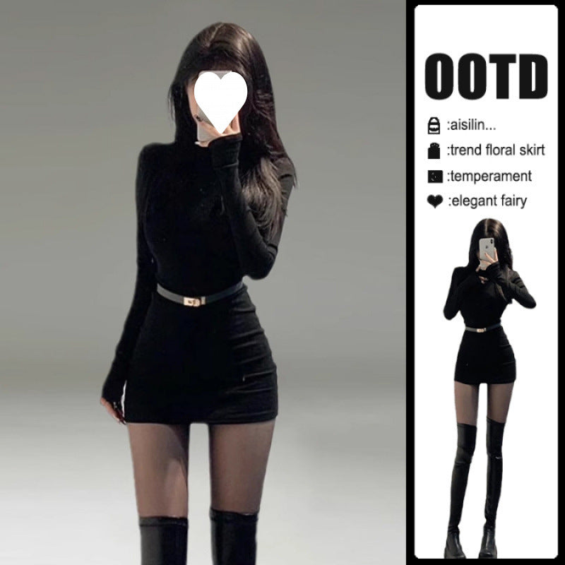 The hot girl wears a tight long-sleeved hip-hugging dress with a women's spring dress temperament, a goddess fan, a high-end little black dress