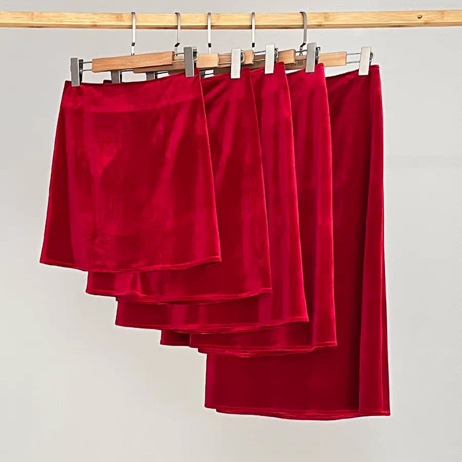 Red velvet skirt high waist A-word short skirt medium and long skirt 25 Winter, new New Year's red solid color commuting elastic waist