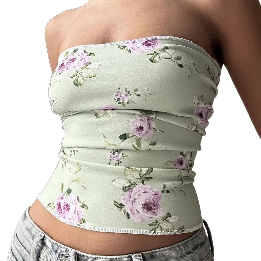 Street Vacation Wind Island Shell Print Off-Shoulder Slim-Fit Vest Hot Girl Sexy Skinny Versatile Top