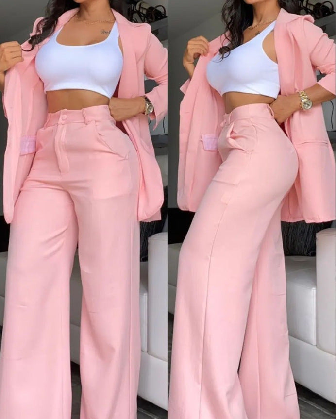 Cross-border 2025 European and American foreign trade summer women's clothing temperament elegant solid color split sleeve lapel suit straight pants suit women