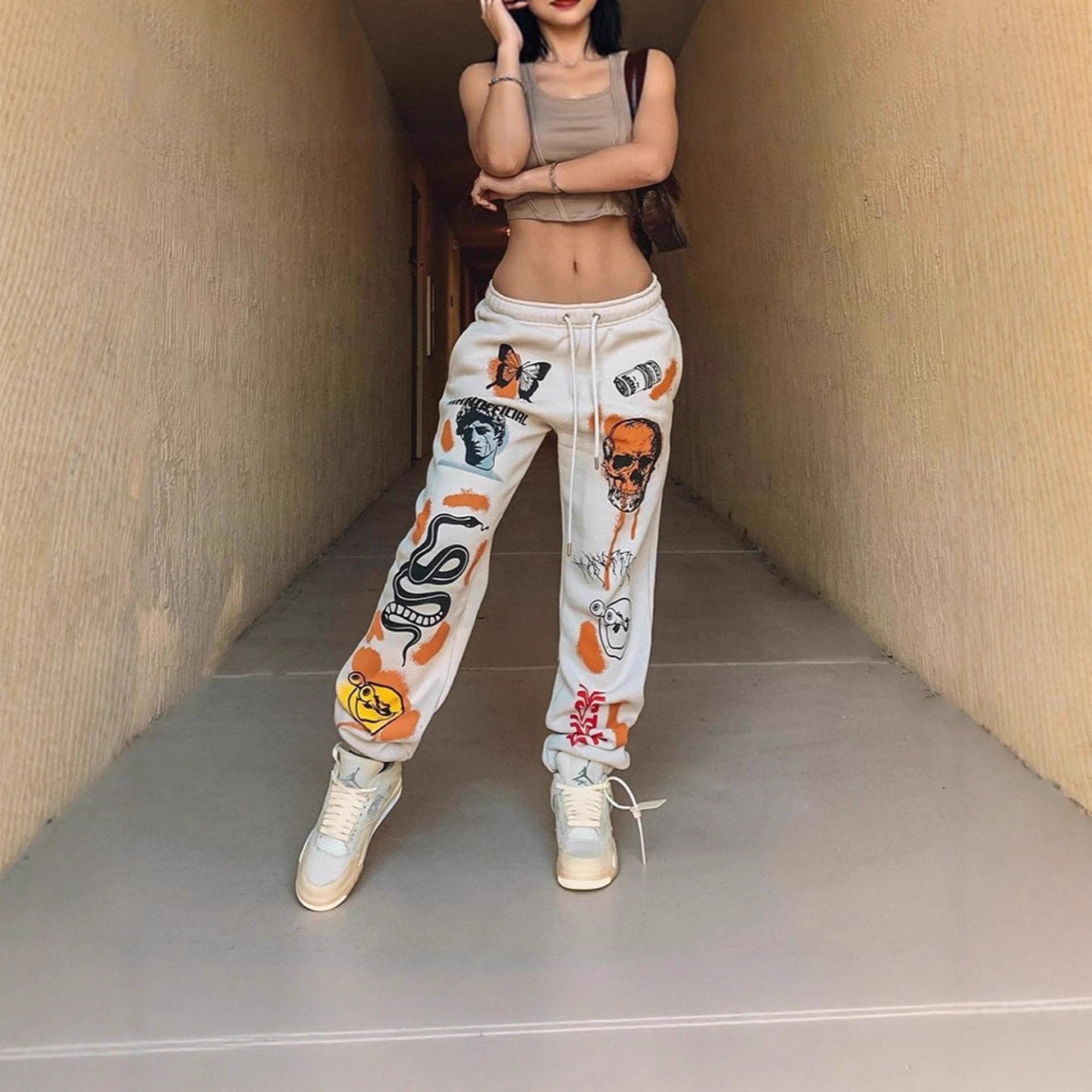 2025 cross-border European and American women's clothing new kuzi skull elements trend printing velvet high-waisted casual trousers