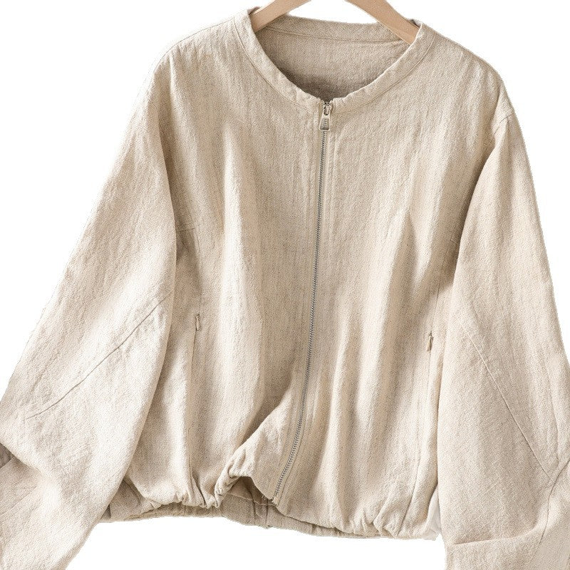 Real shot 2025 autumn new cotton and linen double-layer short coat women's zipper cardigan with loose top jacket