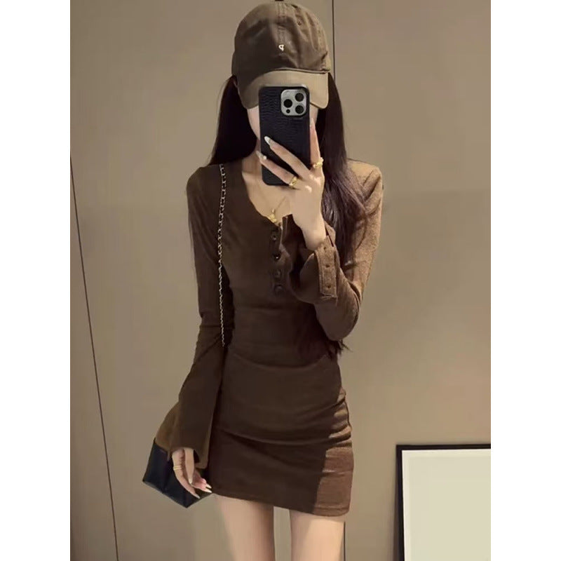 2025 Fall/Winter New Half-Button Retro Long-Sleeved Dress Women's Waist Slimming Sexy Slim Hip Skirt