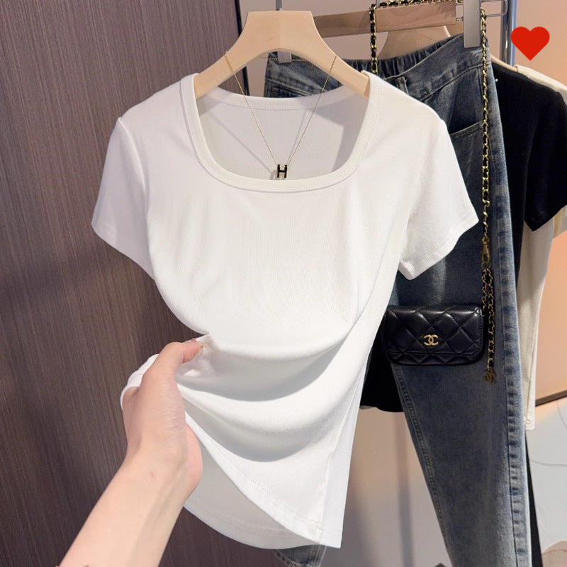 Black slim-fitting square-neck short-sleeved T-shirt women's 2025 new summer versatile front-shoulder t-shirt low-neck exposed collarbone top