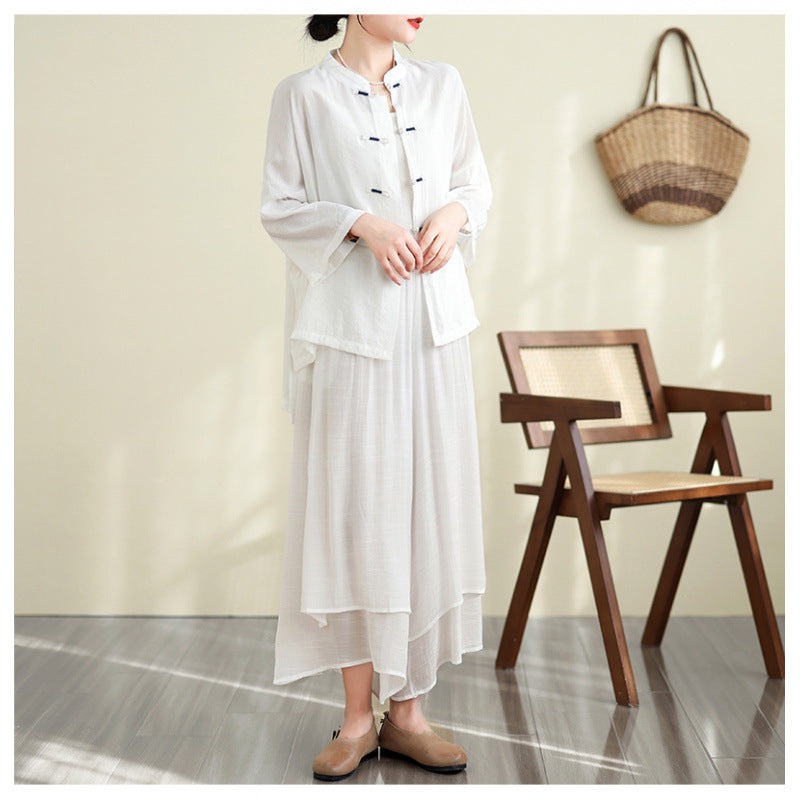 Real shot summer top women's 2025 new Chinese retro disc buckle tea clothes sunscreen air conditioner shirt set