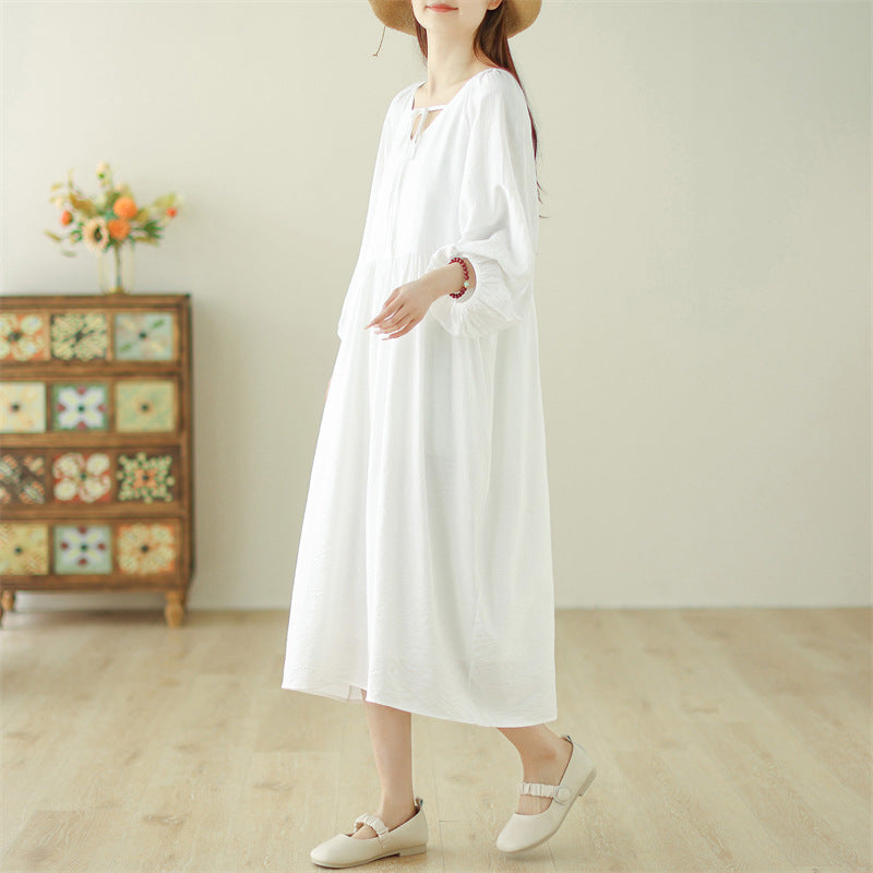 Real shot 2025 spring and summer new Chinese cotton and linen fat mm loose and thin casual lazy style medium and long dress women