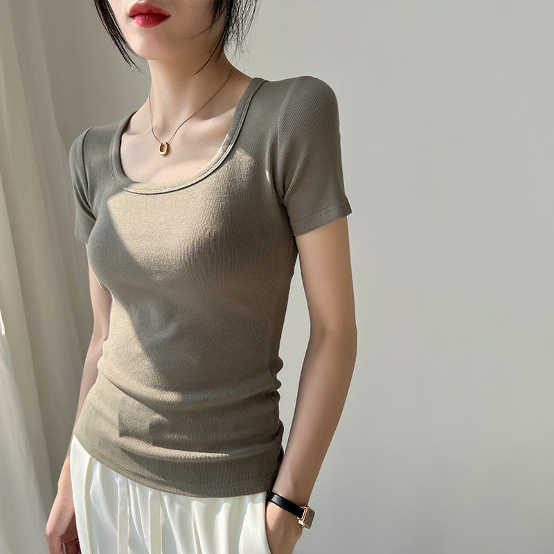 Selection of high-elastic threaded foreign gas square neck T-shirt women's short-sleeved 2026 summer new slim-fitting and thin bottoming shirt