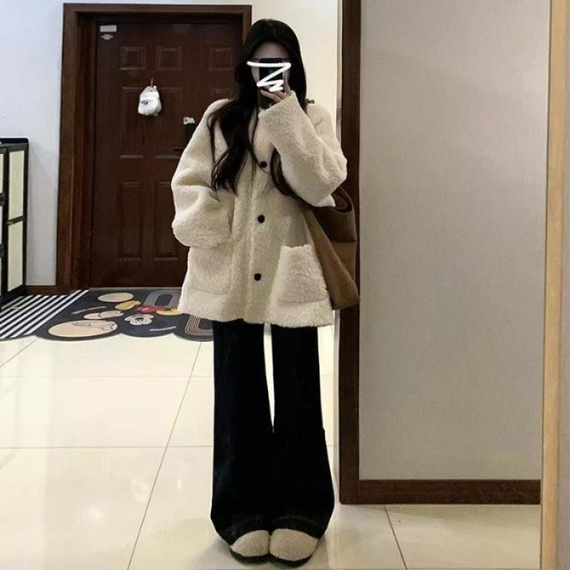 Small fragrant imitation lamb plush coat women's 2025 new popular autumn and winter Korean velvet thickened top
