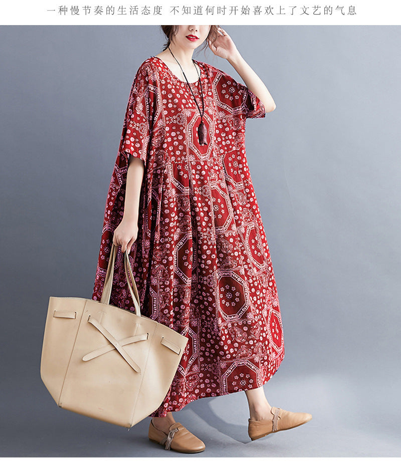 Real shot 2025 summer new literary large size loose printing round neck short sleeve dress women's long dress 6627 #